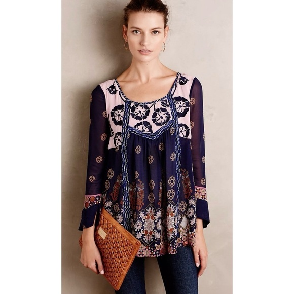 Anthropologie Floreat Rhiannon Peasant Top Bohemian Blouse Blue Embroidered S - Picture 1 of 12